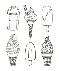 Outline vector illustration set of doodle ice cream icons isolated on white background. Perfect for coloring book for kids and adults. Lovely small icons. Vector illustration