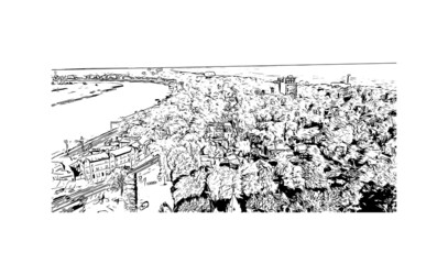 Building view with landmark of Jūrmala is the 
city in Latvia. Hand drawn sketch illustration in vector.