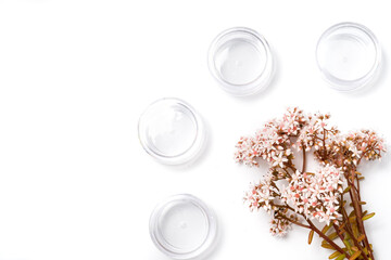 cosmetic packaging for travel. travel cosmetic and bunch of pink flowers on a white background