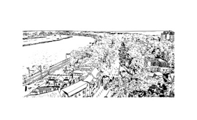Building view with landmark of Jūrmala is the 
city in Latvia. Hand drawn sketch illustration in vector.