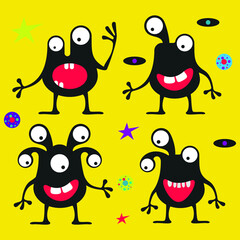 Seamless pattern with a alien monsters black color. background yellow