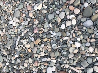 Gray round beach pebble stones texture background photography