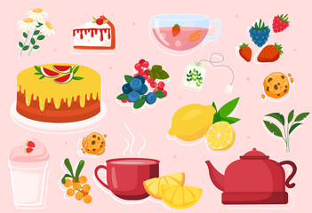 Set of cute teatime elements on pink background. Cups, teapots, sweets and kitchen utensils. Templates for scrapbooking, greeting card, party, poster, sticker kit. Flat cartoon vector illustration