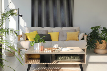 Indoor terrace interior with modern furniture and houseplants