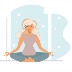 Girl in the lotus position. Young woman is engaged in yoga. It's snowing outside. Hello winter. An active lifestyle, restoration of psychological health in a pandemic, quarantine. Vector. Flat style.