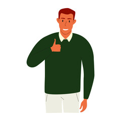 Flat vector cartoon illustration of a smiling man giving a thumbs up. Isolated design on a white background.