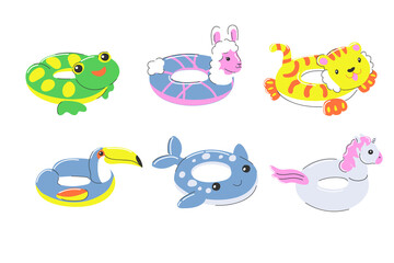 inflatable rubber swimming ring. 
summer water beach toy. circle in the form of a frog, unicorn, alpaca, llama, tiger, toucan and whale. set of stock vector illustration in cartoon flat style on white