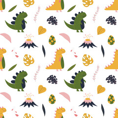 Cute hand drawn seamless pattern with yellow and green dinosaur, tropical leaf, volcano and dino egg. Colorful design for kid fabric, textile, nursery. Childish vector decorative print.