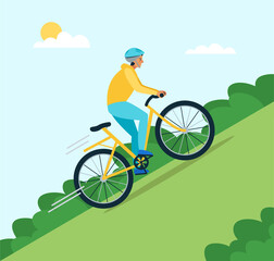 Fototapeta premium Biker man in a helmet rides uphill, sun, clouds, plants. Vector flat style illustration.