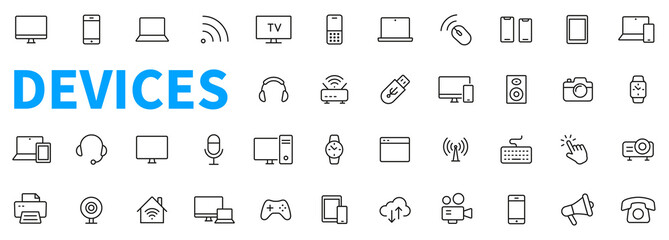 Device and technology line icon set. Electronic devices and gadgets, computer, equipment and electronics. Computer monitor, smartphone, tablet and laptop sumbol collection - stock vector.