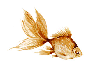A goldfish that fulfills wishes, isolated on white background, a drawing of coffee.