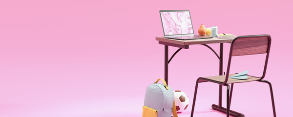 Back to school concept. School desk with modern school accessories and backpack. 3D rendering. Education concept.
