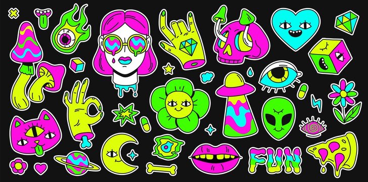 Naklejki Psychedelic retro space, rainbow and surreal elements sticker. Abstract cartoon weird emoji, girl and cat character. Holutination vector set