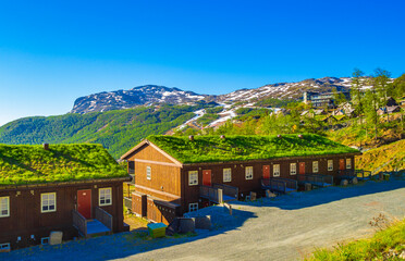 Beautiful panorama Norway Hemsedal Skicenter with Mountains cabin and huts.