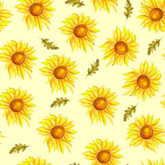 Sunflowers field flowers watercolor seamless pattern. Template for decorating designs and illustrations.