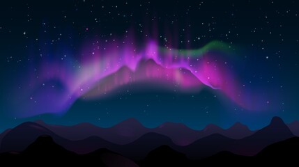 Abstract mountain night landscape with aurora borealis and stars. Northern colored lights in sky, polar natural glowing vector illustration