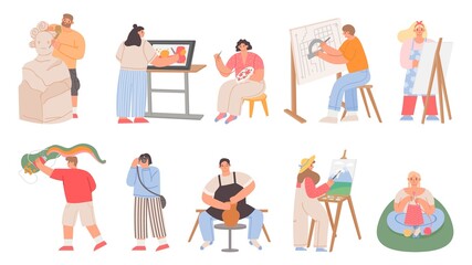 Flat artist people, painter, sculptor, photographer and architect. Art craft profession, activity or hobby. Women stitch and knit vector set