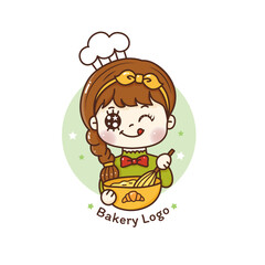 Cute girl enjoy while cooking bakery. Logo for bakery store and café.