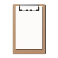 Realistic clipboard folder with blank white sheet of paper. Vector illustration.