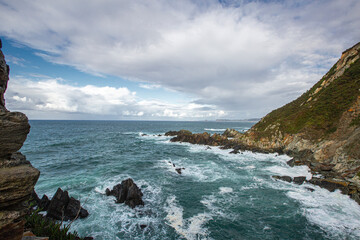 Aerial view of massive Acantilados del Infierno seaside cliffs of hell near Ribadesella in Asturias Northern Spain