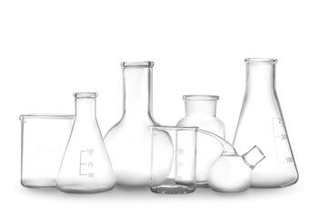 Clean empty laboratory glassware isolated on white