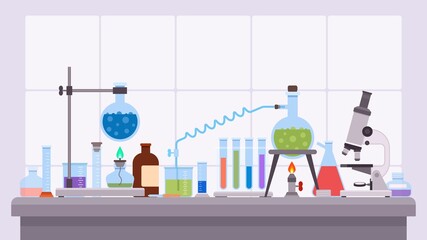 Flat science laboratory experiment with glass beakers and flask. Pharmaceutical research equipment on desk. Chemical lab test vector concept