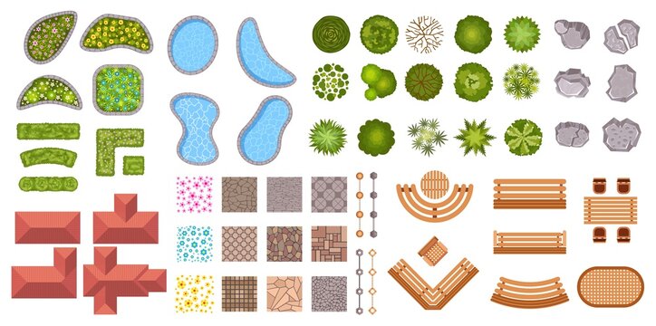 Garden landscape design elements aerial top view. Bush fence, flowers, ponds, houses and sidewalk icons. Park plan map from above vector set