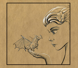 A young girl holds a small dragon in her hand. Black and white illustration on yellow craft paper.