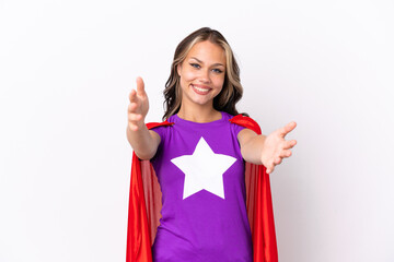 Teenager Russian girl isolated on white background in superhero costume and doing coming gesture