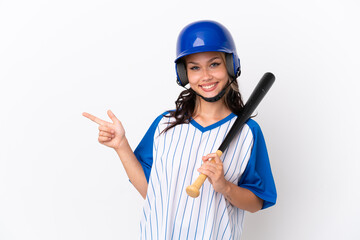 Baseball Russian girl player with helmet and bat isolated on white background pointing finger to the side