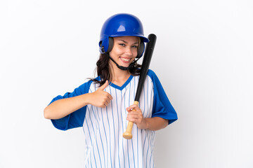 Baseball Russian girl player with helmet and bat isolated on white background giving a thumbs up gesture