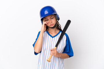 Baseball Russian girl player with helmet and bat isolated on white background with headache