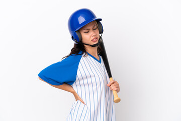 Baseball Russian girl player with helmet and bat isolated on white background suffering from backache for having made an effort