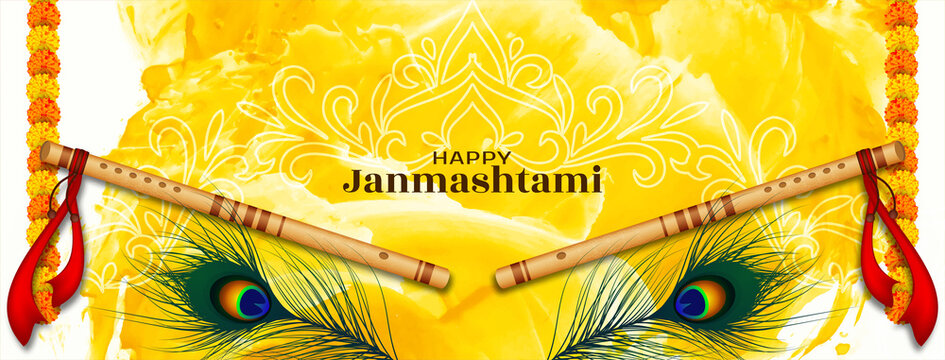 Happy Janmashtami festival celebration banner with flute