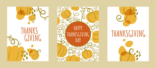 Set of cards with abstract pumpkin shapes for Thanksgiving Day. Autumn harvest celebrations. Flat vector illustration