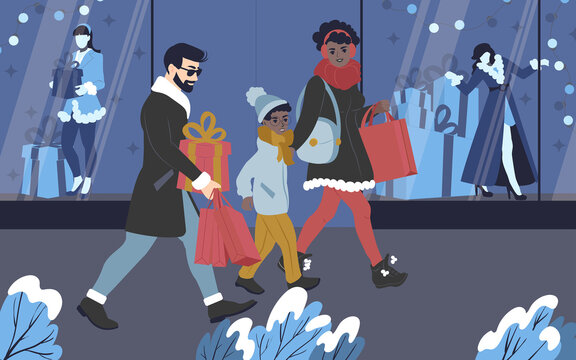 A young multicultural family shopping for gifts for the New Year and Christmas holidays. Flat vector illustration