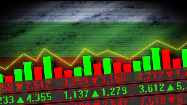 Bulgaria Realistic Flag, Stock Market Chart, Neon Effect Zigzag Line, Old Worn Fabric Texture Effect, 3D Illustration