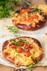 Homemade cheese focaccia with tomato cherry