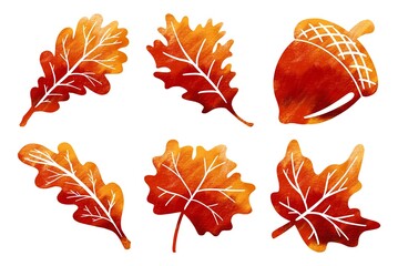 Watercolor hand drawing abstract autumn red orange yellow leaf silhouette set. Use for poster, print, card, postcard, wedding, invitation, birthday, festival, shop, fabric, textile