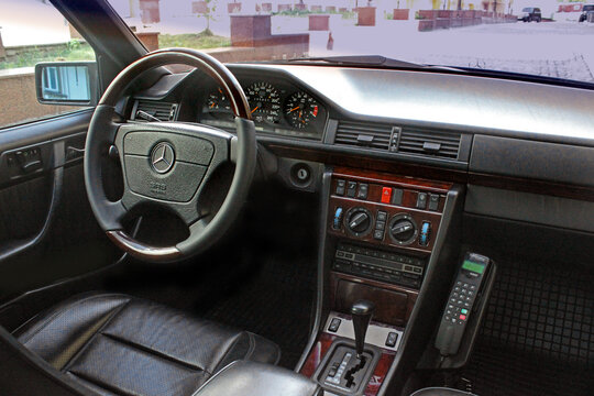 Kiev, Ukraine - 25 August 2014: Mercedes E500 W124. Car interior view. Luxury car interior. Details of the car interior.