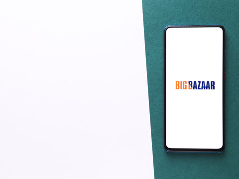 Assam, india - August 27, 2020 : Big bazaar logo on phone screen stock image.