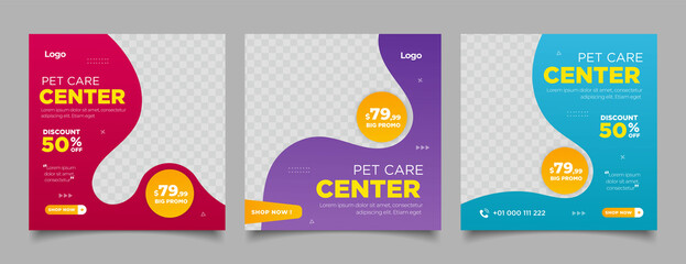 Pet shop social media post template design with photo collage.	
