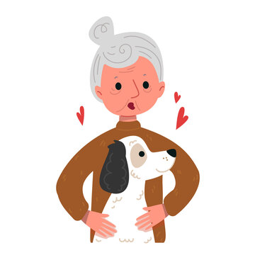 An old gray-haired woman and her pet dog are drawn in a cartoon children s style. Hand drawing of funny funny characters portrait to the waist. Old woman elderly with retriever, vector isolate