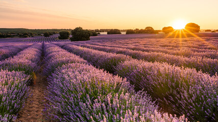 Lavender field at sunrise with golden and violet colors