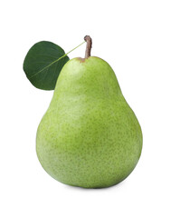 One fresh ripe pear with green leaf isolated on white