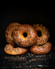 stack of everything bagels on black marble