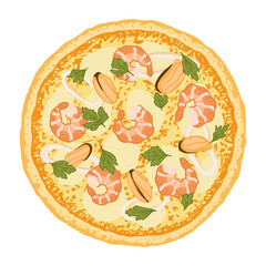 Pizza topped with mozzarella cheese, prawns,  calamari, mussels and parsley. Vector illustration of hand drawn Seafood pizza. 