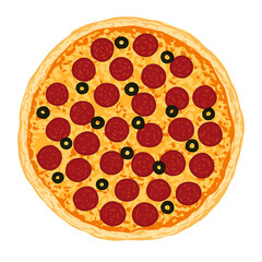 Pizza topped with mozzarella cheese, pepperoni and black olive. Vector illustration of hand drawn Pepperoni pizza. 