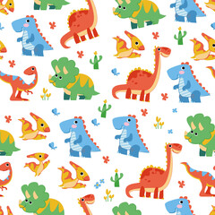Seamless pattern with cute cartoon dinosaurs. Colorful prehistoric lizards - rex, stegosaurus, pterodactyl in funny poses. Children s illustration by hand for printing on fabric and for design