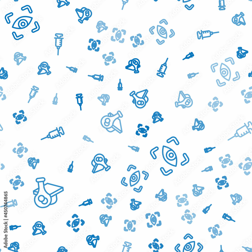 Poster set line graduation cap, eye scan and syringe on seamless pattern. vector